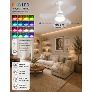 German New White Super Fan 60 Cm Kalın Kanat Dim Ayarlı Tavan Vantilatörü Rgb Led 16 Renk Sessiz Sinek Kovar