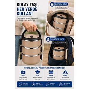 Sas Haus 3 Katlı Paslanmaz Çelik Yemek Kabı 1800 Ml Sızdırmaz Kapaklı Taşınabilir Lunch Box Açık Kahve - Kahverengi