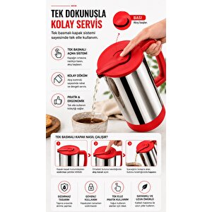 Sas Haus 1,5 Litre Paslanmaz Çelik Termos Sürahi | Tek Basmalı Kapak | Sızdırmaz İçecek Sürahisi | 304 Çelik İç Hazne Mercan Kırmızı
