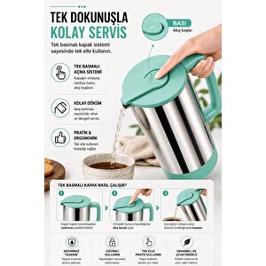 Sas Haus 1,5 Litre Paslanmaz Çelik Termos Sürahi | Tek Basmalı Kapak | Sızdırmaz İçecek Sürahisi | 304 Çelik İç Hazne Mint Yeşili