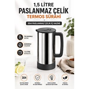 Sas Haus 1,5 Litre Paslanmaz Çelik Termos Sürahi | Tek Basmalı Kapak | Sızdırmaz İçecek Sürahisi | 304 Çelik İç Hazne Antrasit