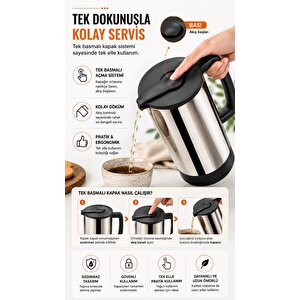 Sas Haus 1,5 Litre Paslanmaz Çelik Termos Sürahi | Tek Basmalı Kapak | Sızdırmaz İçecek Sürahisi | 304 Çelik İç Hazne Antrasit