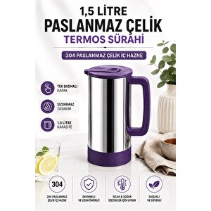 Sas Haus 1,5 Litre Paslanmaz Çelik Termos Sürahi | Tek Basmalı Kapak | Sızdırmaz İçecek Sürahisi | 304 Çelik İç Hazne Mor