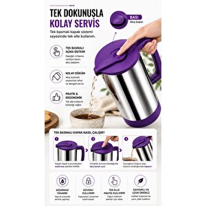 Sas Haus 1,5 Litre Paslanmaz Çelik Termos Sürahi | Tek Basmalı Kapak | Sızdırmaz İçecek Sürahisi | 304 Çelik İç Hazne Mor