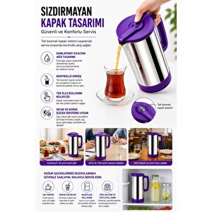 Sas Haus 1,5 Litre Paslanmaz Çelik Termos Sürahi | Tek Basmalı Kapak | Sızdırmaz İçecek Sürahisi | 304 Çelik İç Hazne Mor