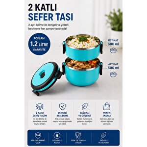 2 Katlı 1.2 Litre Paslanmaz Çelik Sefer Tası Sızdırmaz Kapaklı Yemek Taşıma Kabı Bento Lunch Box 304 Çelik Turkuaz