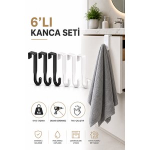 Kapı Üstü Askılık 6'lı Plastik Kanca Seti Havlu Bornoz Çanta Askısı Siyah Beyaz S-161