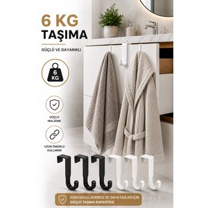 Kapı Üstü Askılık 6'lı Plastik Kanca Seti Havlu Bornoz Çanta Askısı Siyah Beyaz S-161