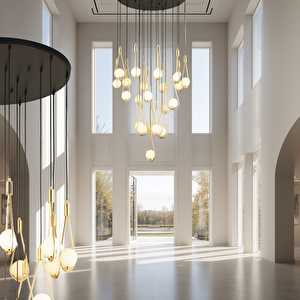 Lampaluce Pioggia Tasarımı Modern Yüksek Tavan Sarkıt Avizesi 21'li Altın 55x150cm
