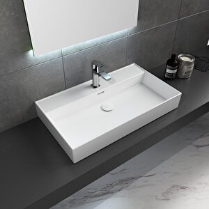 Dura Niva Kare Çanak Lavabo 80x46,5 Cm Tezgah Üstü Batarya Delikli Beyaz | 5253