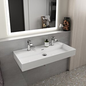 Dura Niva Kare Çanak Lavabo 100x46,5 Cm Tezgah Üstü, Çift Batarya Delikli Beyaz | 5257