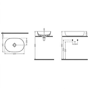 Dura Bagno Rose Çanak Lavabo 60x40 Cm, Batarya Deliksiz Tezgah Üstü Beyaz |  5841