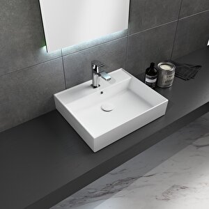Dura Niva Kare Çanak Lavabo 60x46,5 Cm Tezgah Üstü Batarya Delikli Beyaz | 5252