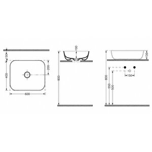 Dura Bagno Orfe Çanak Lavabo 60x40 Cm. Batarya Deliksiz Tezgah Üstü Beyaz | 5851