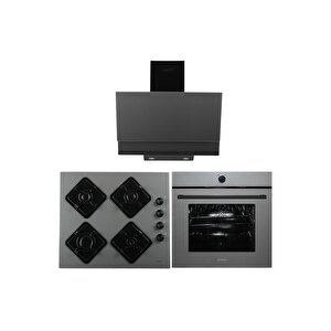 Kurox 3'lü Gri Ankastre Set(cam Gazlı Ocak + Turbo Fırın)(3000-kls670-mfa631)