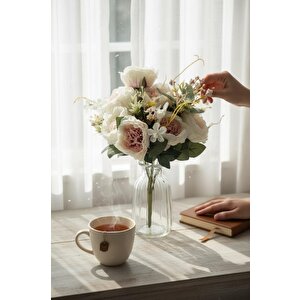 Yapay Çiçek Soft Pembe 10dallı Katmerli Gelincik Karışık Aranjman Demeti 45*25cm