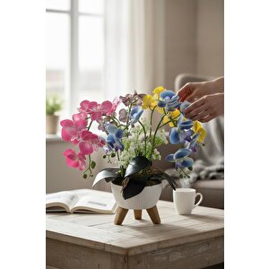 Yapay Çiçek Renkli Orkide Salon Çiçeği Zigon Saksıda Yapay Bitki 45*45cm