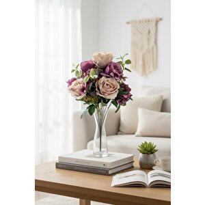 Yapay Çiçek Mor Renk 9dallı Gül Ve Ortanca Karışık Aranjman Demeti 55*35cm