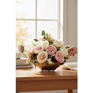 Yapay Çiçek Aranjmanı Eski Gold Renk Metal Ufo Vazolu Arajman Nişan Kız İsteme Çiçeği Katmerli Gelincik