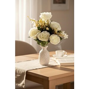 Yapay Çiçek Krem 10dallı Katmerli Gelincik Karışık Aranjman Demeti 45*25cm