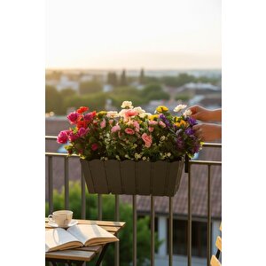 Yapay Çiçek Antrasit Balkon Saksıda Küpeşte Askılı Açelya Çiçeği Karışık Renkli Çiçek Sepeti 50cm