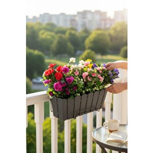 Yapay Çiçek Antrasit Balkon Saksıda Küpeşte Askılı Açelya Çiçeği Karışık Renkli Çiçek Sepeti 50cm