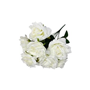Yapay Çiçek Beyaz 9lu Gül Demeti Kumaş 40*25cm