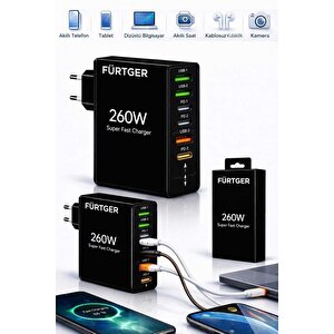 Fürtger German 260w 3 Type-c + 3 Usb-a Toplam 6 Çıkışlı Süper Hızlı Şarj Aleti