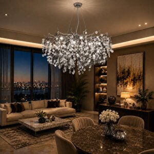 Masal 80'lık Yuvarlak Krom Kristal Taşlı Modern, Oturma Odası, Salon Avize