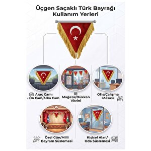 Üçgen Altın Sarı Saçaklı Türk Bayrağı 40x50cm 1 Adet Vantuzlu Üçgen Flama Çift Taraflı Püsküllü Bayrak Fırfırlı