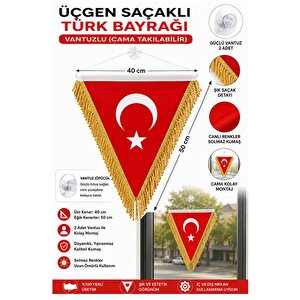 Üçgen Altın Sarı Saçaklı Türk Bayrağı 40x50cm 1 Adet Vantuzlu Üçgen Flama Çift Taraflı Püsküllü Bayrak Fırfırlı