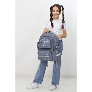 Gri Okul Çantası Unisex Geniş Çok Bölmeli Ortaokul Lise Günlük Kullanım Sırt Çantası Modern Tasarım