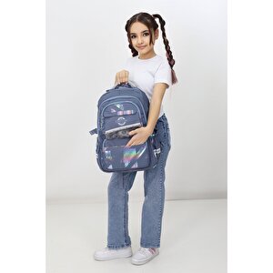 Civit Mavi Okul Çantası Unisex Geniş Hacimli Çok Bölmeli Ortaokul Lise Günlük Kullanım Sırt Çantası