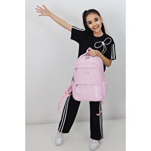 Pudra Pembe Okul Çantası Unisex Geniş Bölmeli Ortaokul Lise Günlük Kullanım Dayanıklı Sırt Çantası
