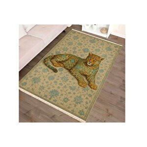 Leopar Fi̇gürlü Dekorati̇f Hali, Bej Desenli̇ Hali, Dokuma Taban Hali, 331 Yng, 80x150 Cm
