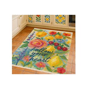 Follow Your Heart Tropi̇kal Temali Baskili Dokuma Taban Hali, 268 Yng, 100x150  Cm
