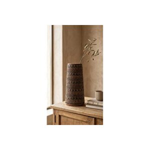 Si̇yah El Yapimi Terracotta Vazo Kabartmali Boho Dekor