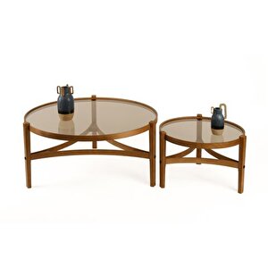 Ren İki̇li̇ Set Orta Sehpa, Cevi̇z Bronz Cam