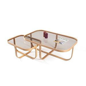 Tual İki̇li̇ Set Orta Sehpa, Meşe Bronz Cam
