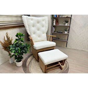 Mama Puflu Sallanan Sandalye, Teddy Krem, Naturel Ahşap