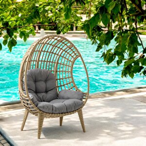 Egg Chair Tekli Rattan Bahçe Koluğu | Rehome Minderli Oval Lounge Kahverengi