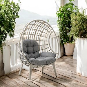 Egg Chair Tekli Rattan Bahçe Koluğu | Rehome Minderli Oval Lounge Beyaz