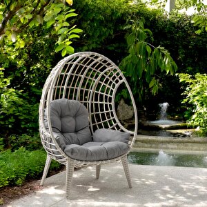Egg Chair Tekli Rattan Bahçe Koluğu | Rehome Minderli Oval Lounge Beyaz