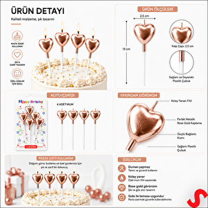 Çubuklu Metalik Rose Gold Kalp Mum - 13 Cm X 4 Adet