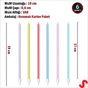 Makaron Çok Renkli İnce Uzun Pasta Mumu 19 Cm - 6 Adet