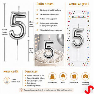 5 Rakam Mum Gümüş - 10 Cm