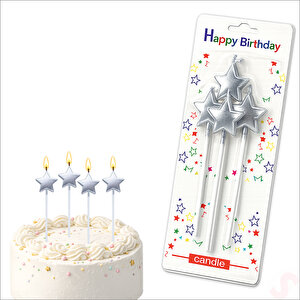 Çubuklu Metalik Gümüş Yıldız Mum - 14 Cm X 4 Adet