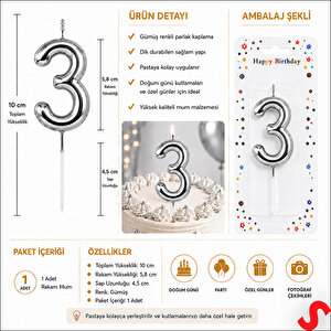 3 Rakam Mum Gümüş - 10 Cm