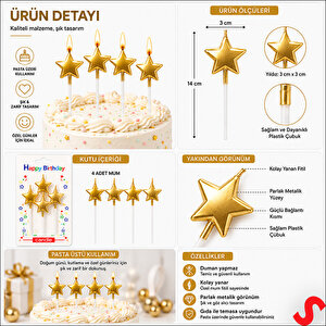 Çubuklu Metalik Altın Yıldız Mum - 14 Cm X 4 Adet
