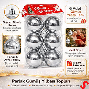 Yılbaşı Ağaç Süsü Gümüş Top, 4 Cm X 6 Adet